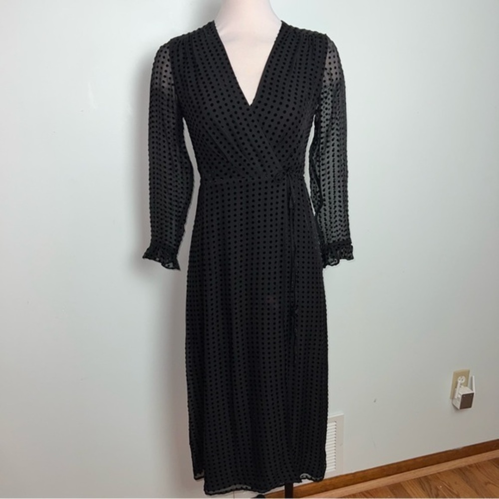 Whistles Black Flocked Polka Dot Wrap Midi Dress US 4
